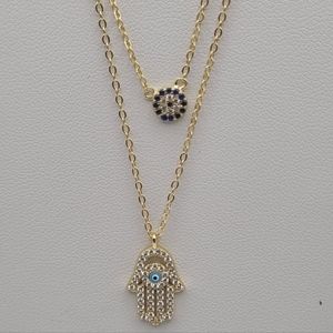 Hamsa Hand and Evil Eye Dainty Double Layered Sterling Silver CZ Necklace